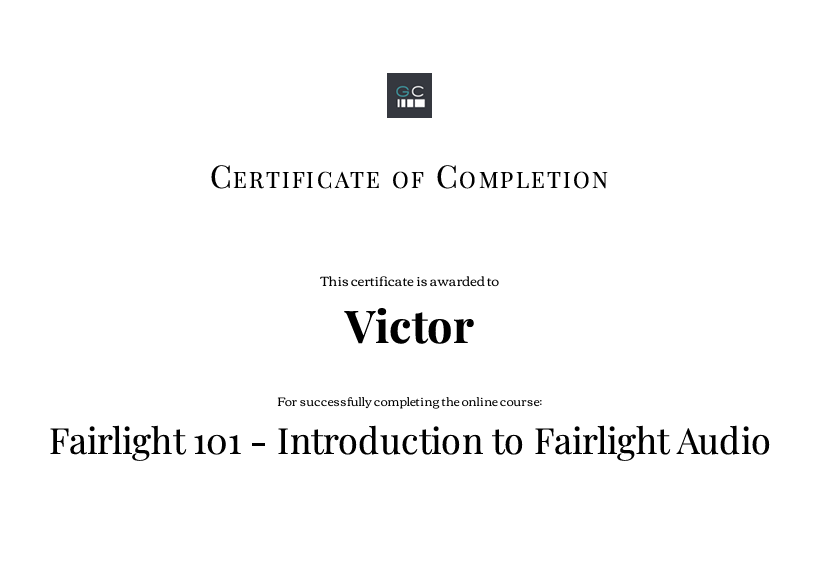 Сертификат: Fairlight 101 - Introduction to Fairlight Audio